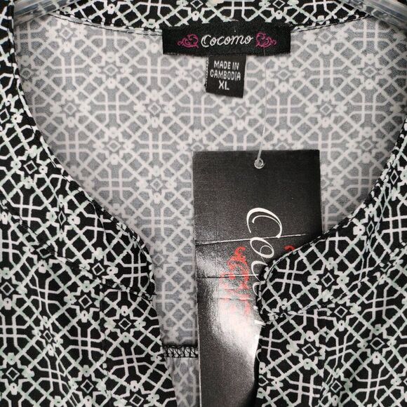 Cocomo Women's Size XL Black & Light Blue Hints Geo Print Pintuck 3/4 Sleeve Top - Picture 6 of 7